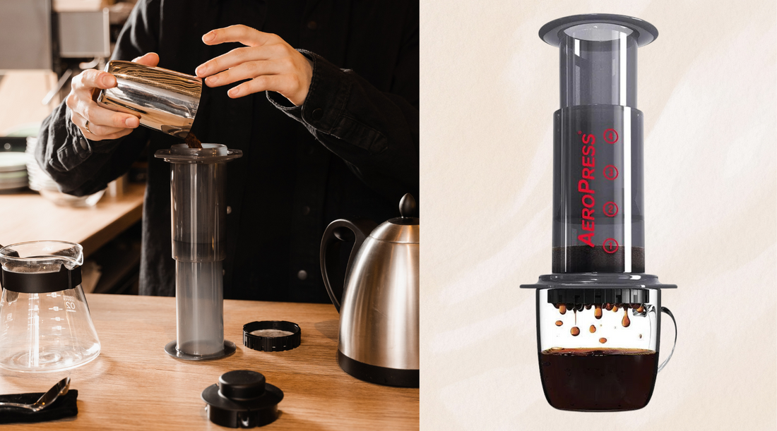 Two images side by side, one of two hands pouring coffee grinds into an aeropress tube, the other of an aeropress dripping coffee through filter paper onto a mug