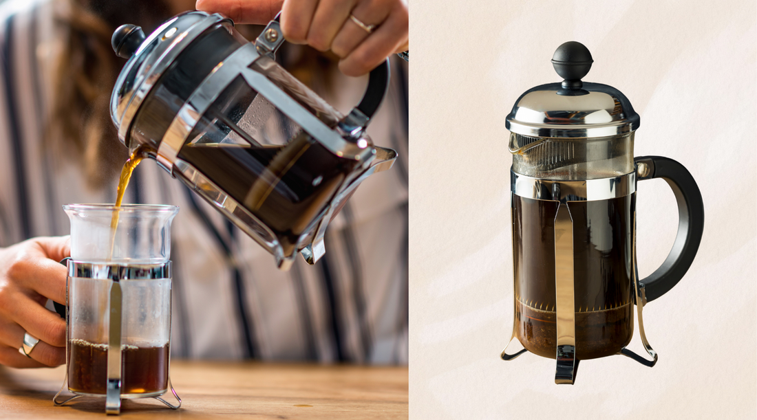 Two images side by side, on the right coffee being poured into a french press, and the left a french press filled with coffee