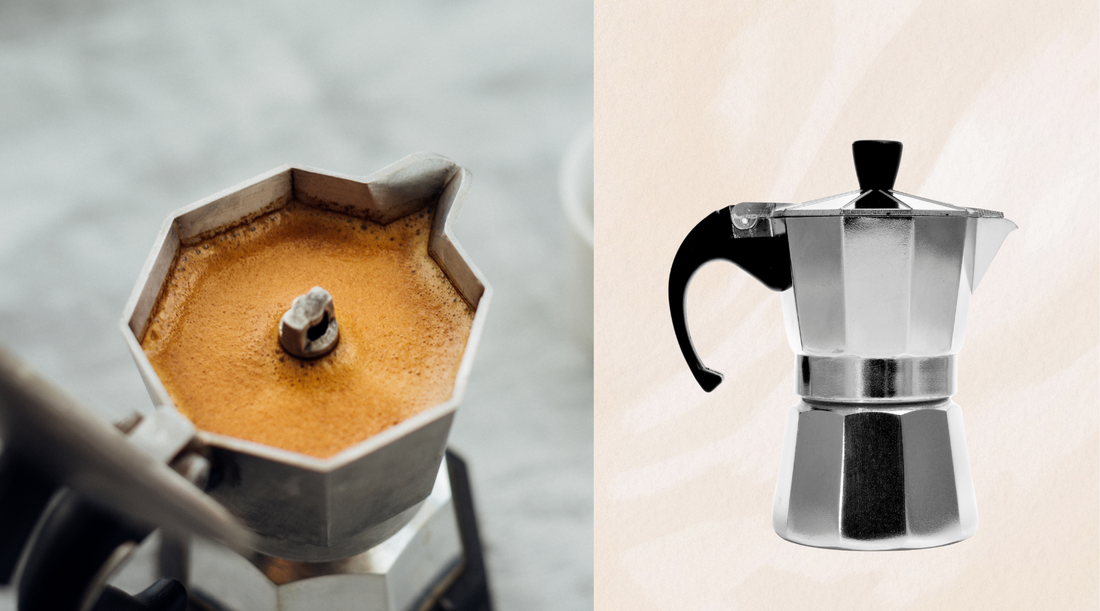 A side by side image of two moka pots, one with coffee inside taken from above and the other of a pot on the side