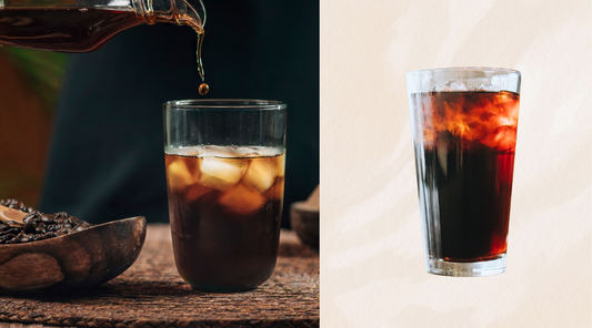 Two images side by side of cups with cold brew coffee inside and cubes of ice, one with coffee being poured into the cup