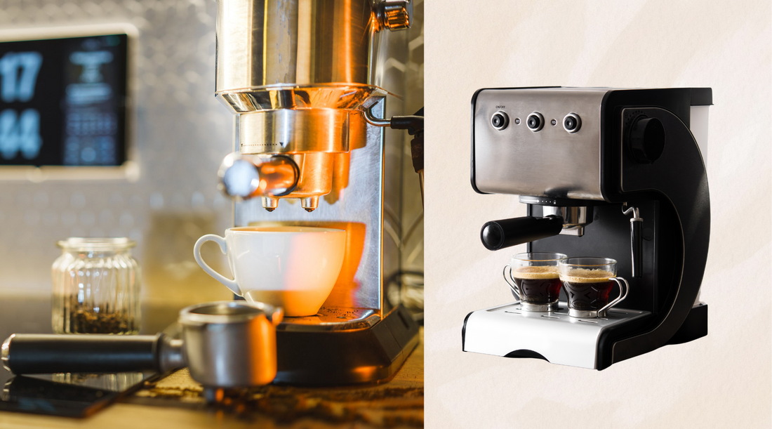 Two images side by side of home espresso machines pulling shots of espresso coffee