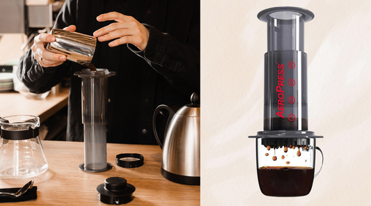Two images side by side, one of two hands pouring coffee grinds into an aeropress tube, the other of an aeropress dripping coffee through filter paper onto a mug