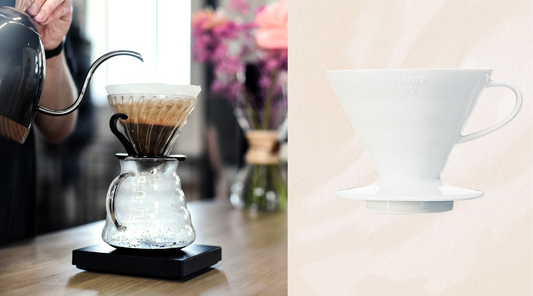 Two images side by side, one of a V60 funnel on the left and on the right an image of a hand pouring hot water into a V60 funnel covered with filter paper